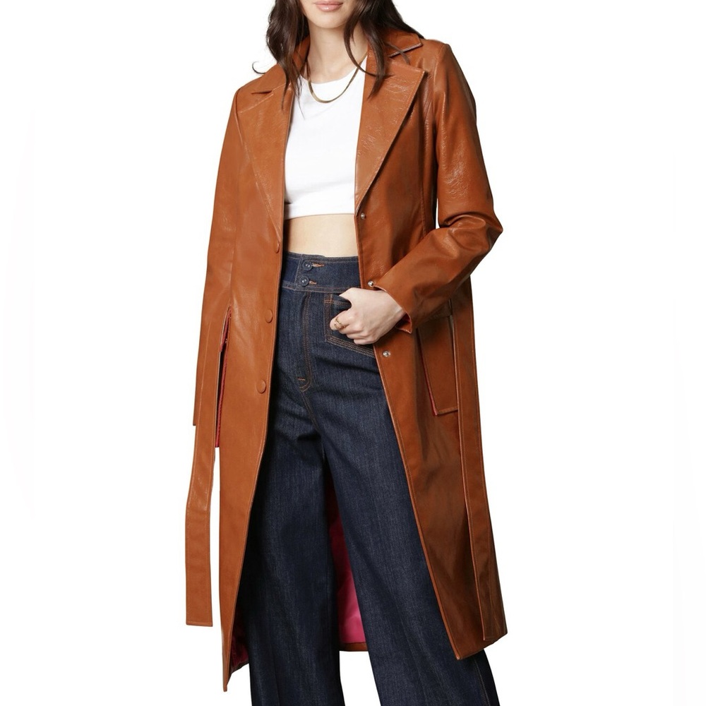 Avec Les Filles Faux-Ever Leather Glazed Trench Coat in Cocoa
